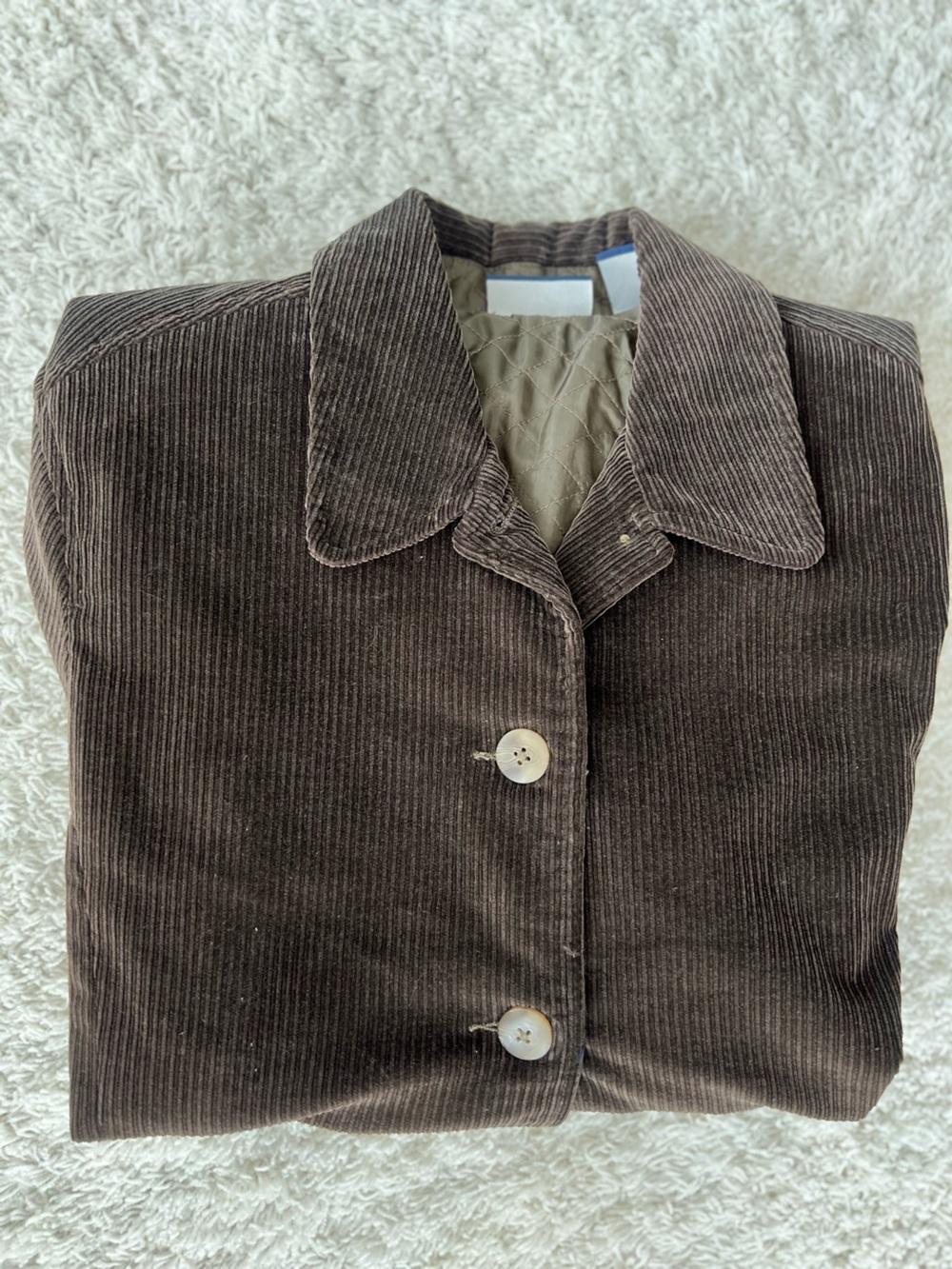Brown Corduroy Button-Front Blazer, front pleated pants, side zip skirt.